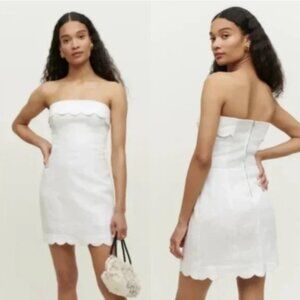 Reformation Isles White Strapless Scallop Trim Linen Mini Dress 4